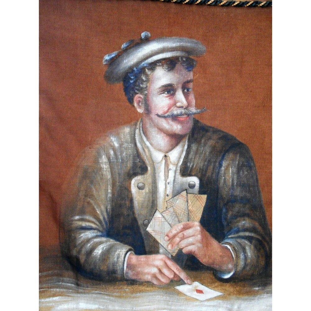 Rare Antique European Card Playing Gambling Man Painting on Fabric